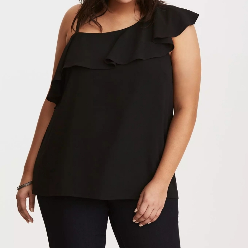 Torrid Ruffled One Shoulder Black Blouse Semi Sheer Plus Size 4 VGUC
